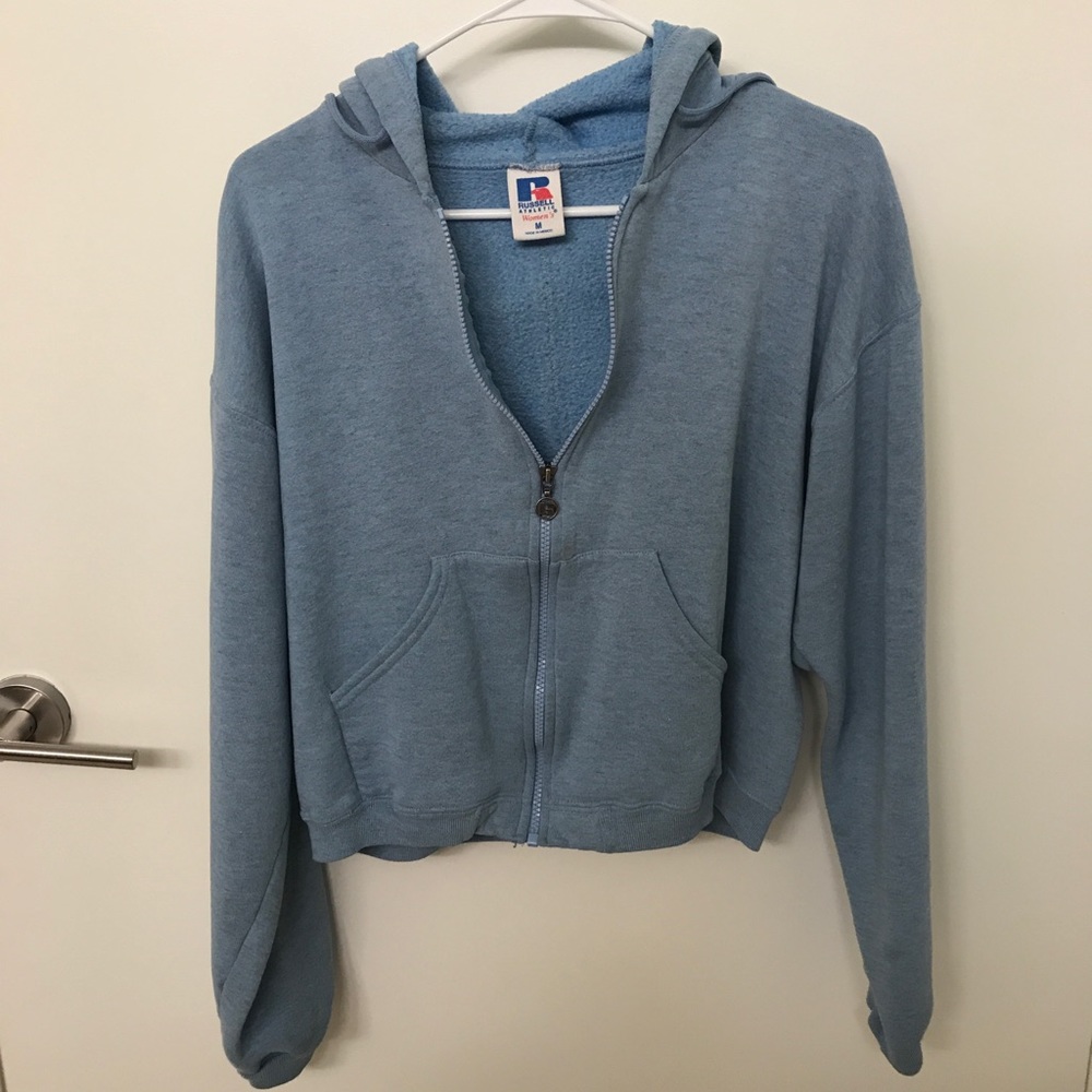 Cropped light blue zip up sweatshirt